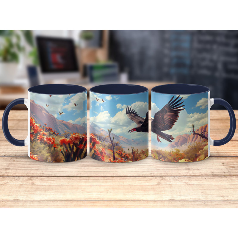 Set of 2 Realistic Animal Design 11oz Accent Mugs – Ceramic Coffee Cups with a Navy Handle and Interior