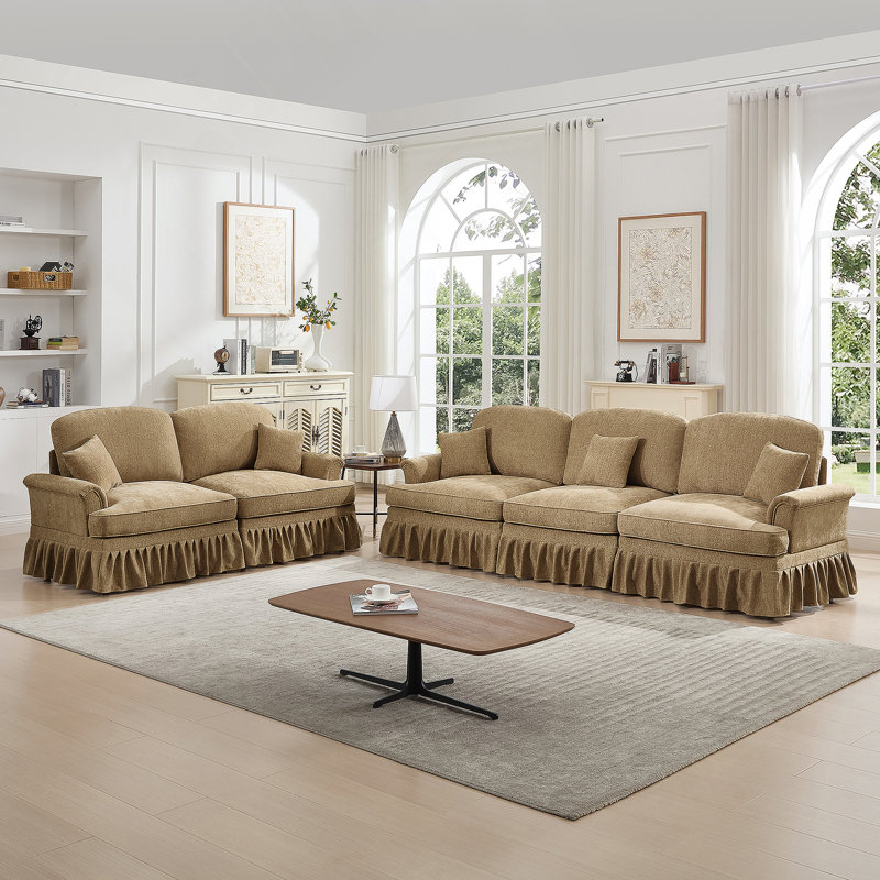 Classic 2 Piece Modular Couch Set With Flared Arms, Removable Ruffles, And Spindle Legs, Perfect For Living Rooms, Light Coffee