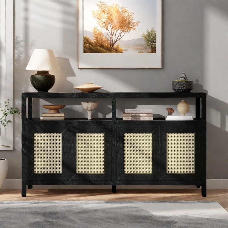 Bohemian Style Sideboard With 3-position Adjustable Shelves, Handwoven Rattan Doors And Open Shelves, No-handle Design, Black
