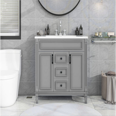 Meuble-lavabo 36 po avec lavabo supérieur, armoire de rangement moderne avec 2 portes à fermeture douce et 2 tiroirs, meuble-lavabo simple