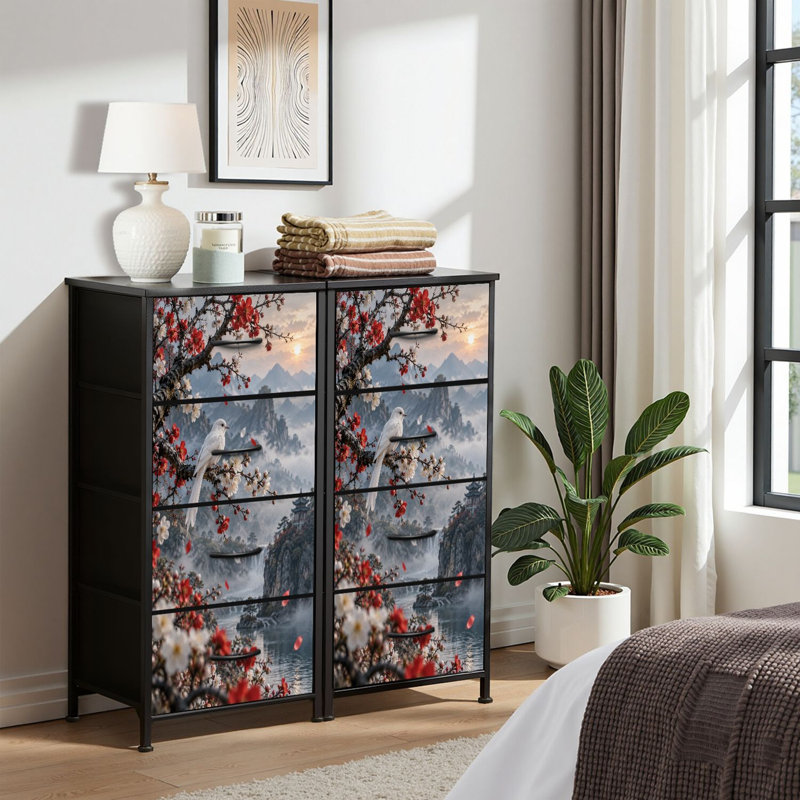 Commode à 4 tiroirs pour chambre à coucher, motif oiseau blanc, fleurs de cerisier, lever de soleil, perché sur des branches, commode étroite avec plateau en bois et structure en fer robuste, 45,7 cm (L) x 95,2 cm (H)