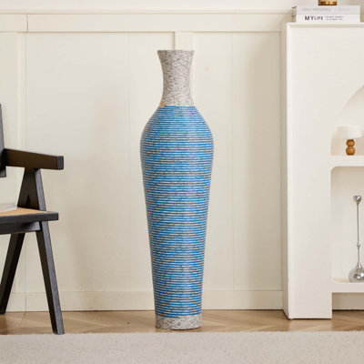 Vase de plancher en rotin de PVC tissé à la main, grand vase à rayures bleues et blanches de 39 pouces, vase de style bord de mer de style campagnard pour décoration de vestibule de salon (diamètre de 5,5 po)