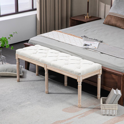 Cream White Bedroom Footstool, 46" Upholstered, French Vintage Inspired For A Comfy Bench In White, Upholstered With Details Captivating Decor