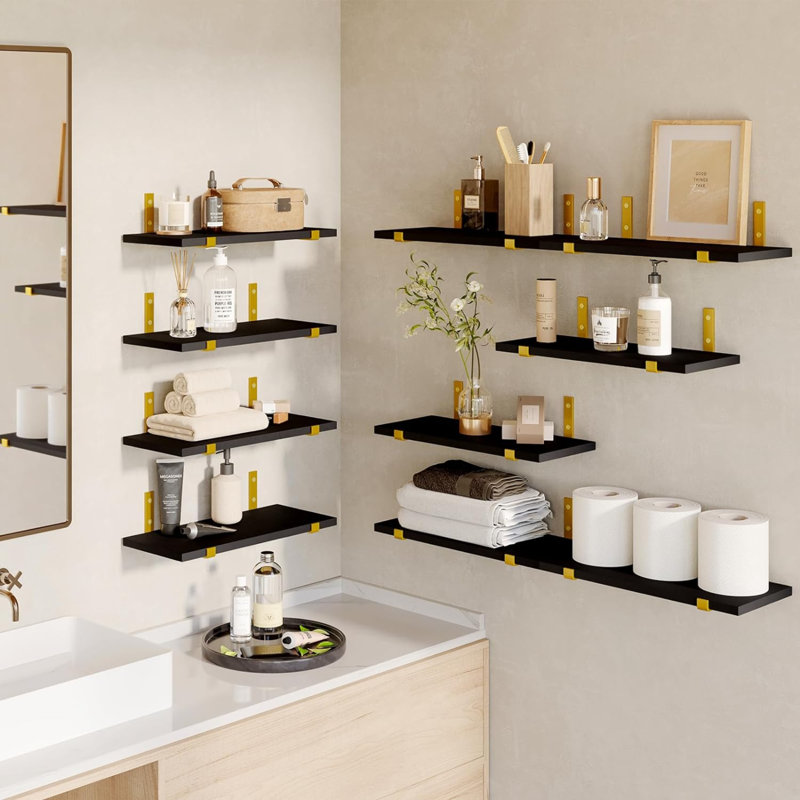 Ensemble de 10 tablettes flottantes en bois, Noir / or