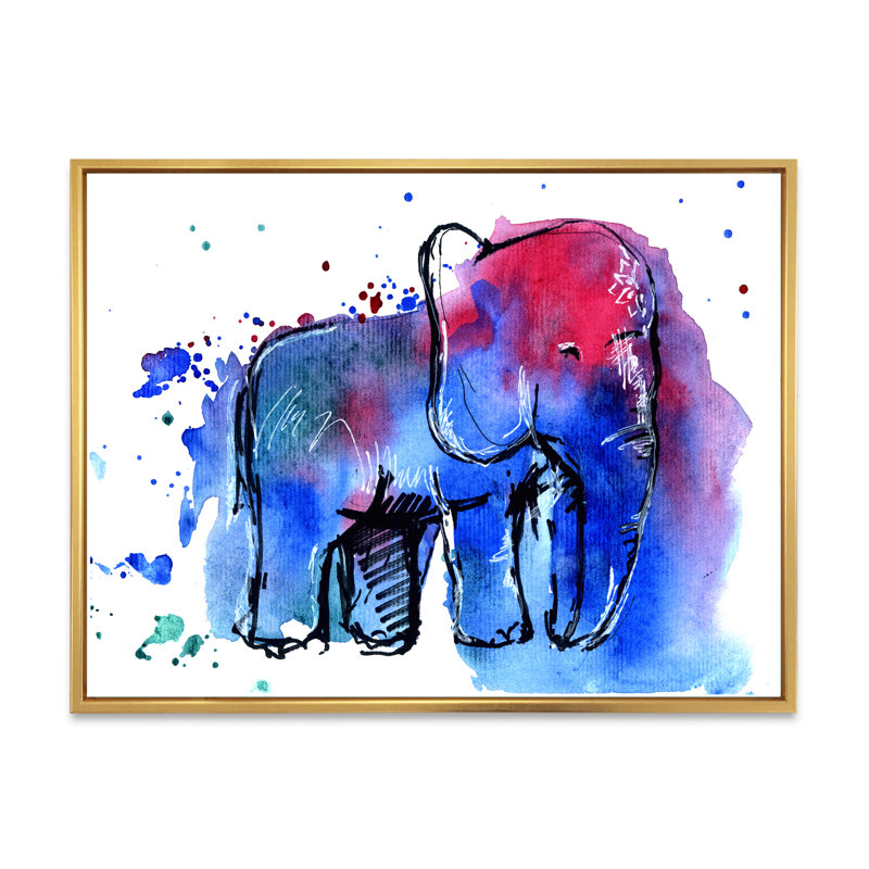 Impression d'éléphant bleu et rouge - Peinture sur toile, H 34 po x l 44 po, Cadre flottant doré