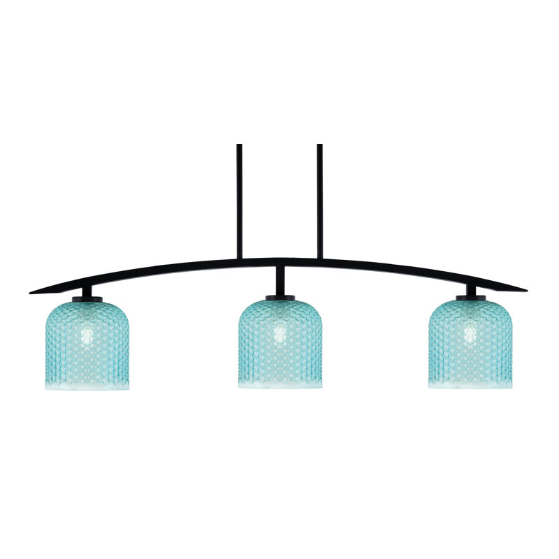 Luminaire insulaire 3 lumières kurve au fini noir mat avec verre texturé turquoise de 7 po