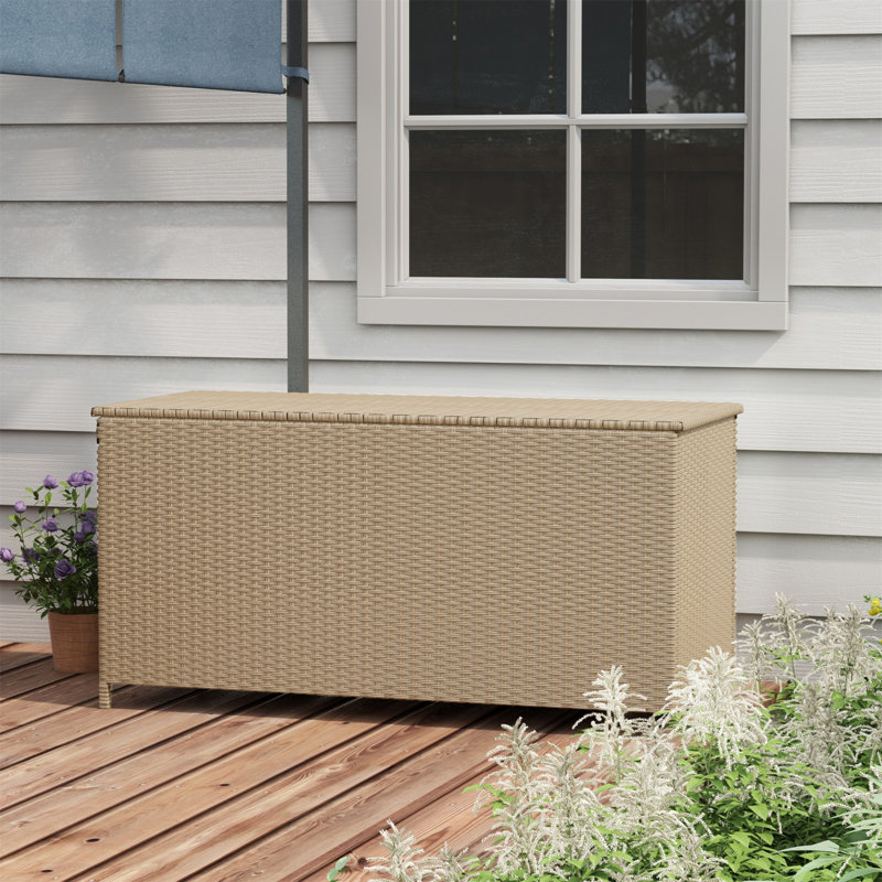 Large Brown Wicker Plastic Deck Box with Wheels
