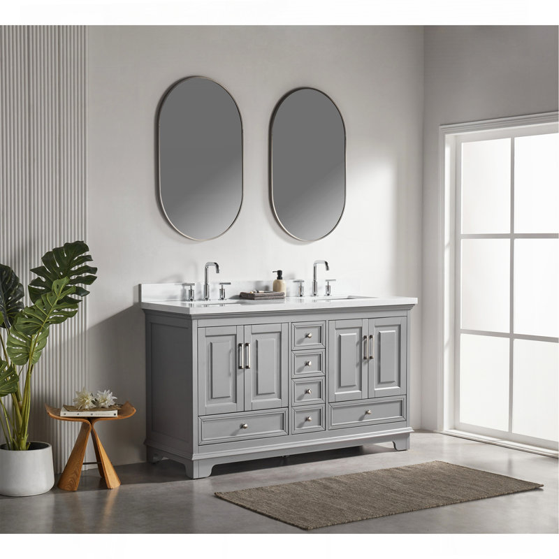 Meuble-lavabo double autoportant de 60 po avec pierre artificielle entièrement assemblé, Gris