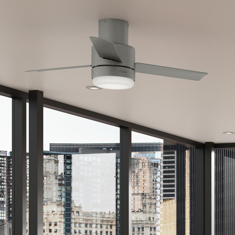 44" Gilmour 3 - Blade Outdoor Flush Mount Ceiling Fan with Remote Control and Light Kit Included, Matte Silver