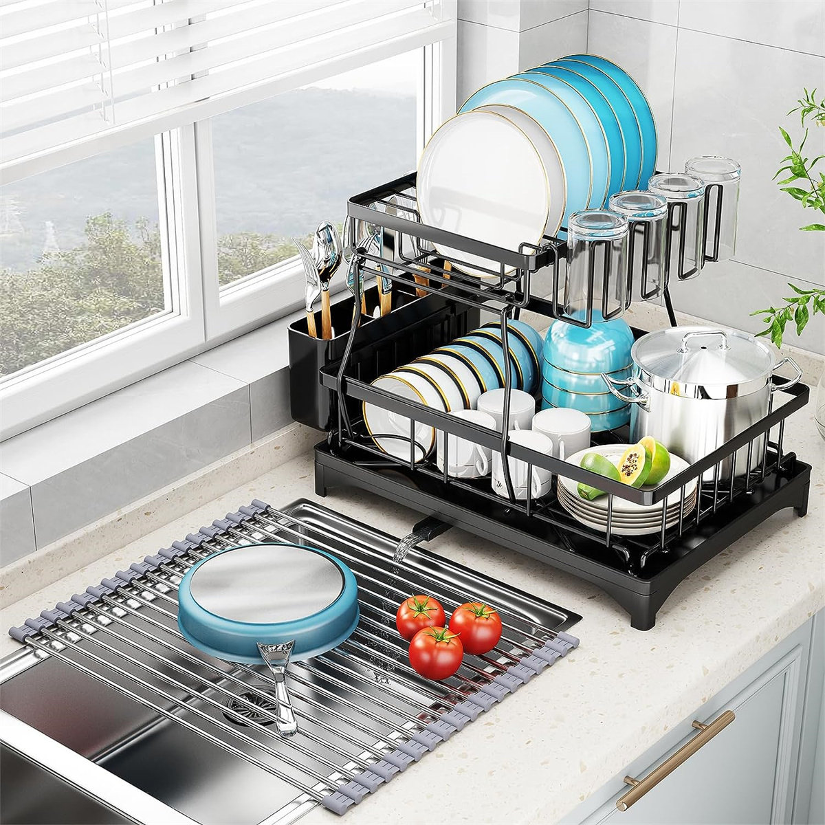 Polder Fold Away Space Saving Stainless Steel Dish Rack with Silicone Drying  Mat 