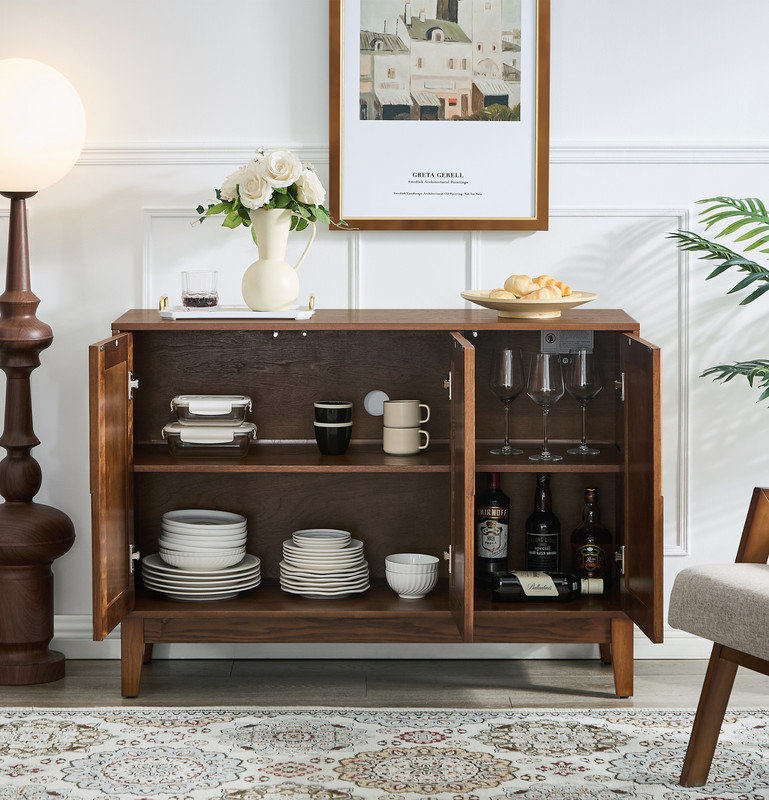 Buffet 44,3 po de style Mid-Century moderne avec rangement, buffet de style campagnard avec patchwork à rayures verticales et tablettes réglables, meuble télé pour le salon, la cuisine, l'entrée de la salle à manger, noyer