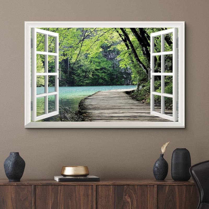 Window Scenery " Modern White Window Looking Out Into A Bridge By A Lake Surrounded By Trees ", 32" H x 48" W
