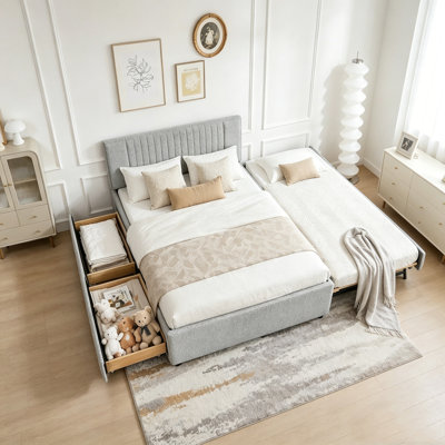 Queen Size Upholstered Bed with Storage Drawers, Pull-Out Trundle, and Tufted Headboard