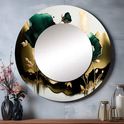 Skyleen doré et vert floral coquelicot Euphoria II - coquelicots, miroir décoratif rond traditionnel