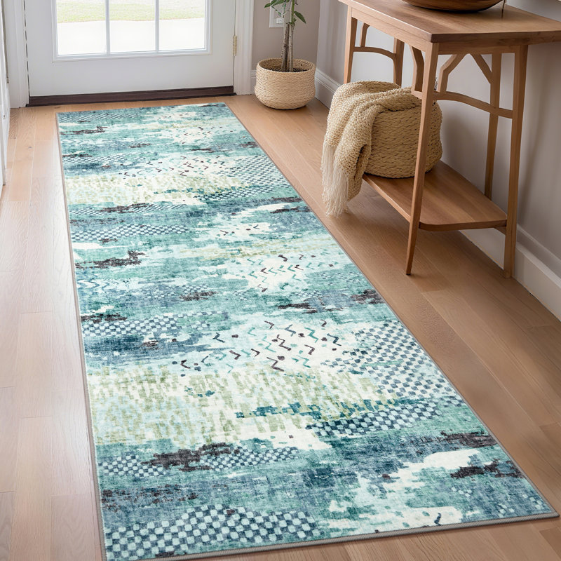 2'x6' Boho Abstract Machine Washable Runner Rug with Non-Slip Rubber Backing - Low-Pile, Stain Resistant Carpet for Hallway, Kitchen, Entryway