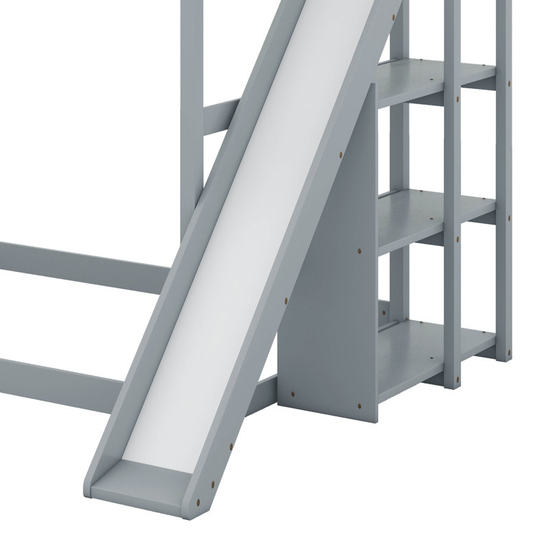 Full Over Full Bunk Bed With Ladder, Slide And Shelves, Gray