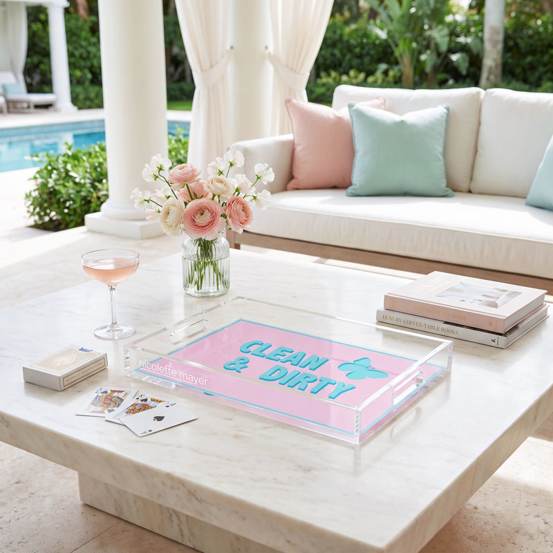 Decorative Tray, 2" H x 17" W x 10.5" D, Pale Pink/Blue