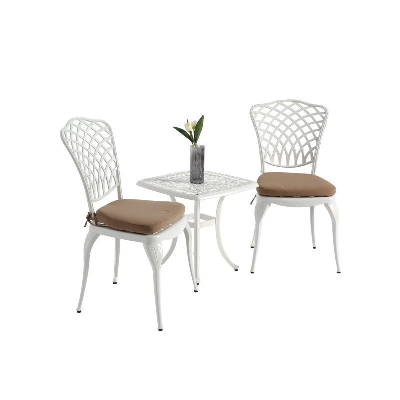 Ensemble bistro 3 pièces en fonte d'aluminium - 2 chaises et 1 table avec coussin blanc pour une utilisation extérieure Robuste et simple à assembler