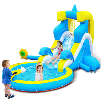 Culaluva Inflatable Water Slide: Blow up Bounce House Water Park for Kids 3-12 - Splash Pool Water Cannon Climbing Wall Basketball Rim - for Backyard Outdoor Birthday Party, Small Dolphin Style