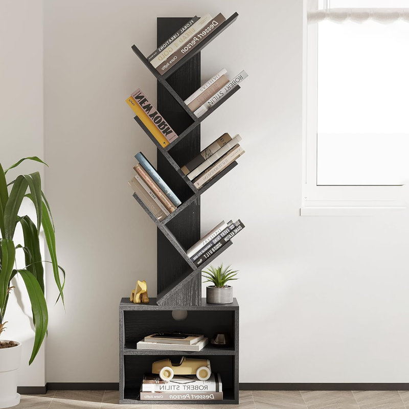 Bibliothèque à 6 niveaux en forme d'arbre avec armoire de rangement, Noir
