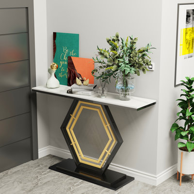 High Gloss Marble Console Table Sintered Stone Luxury Modern Hallway Table With Geometric Golden And Black Base Pedestal For Foyer Decor