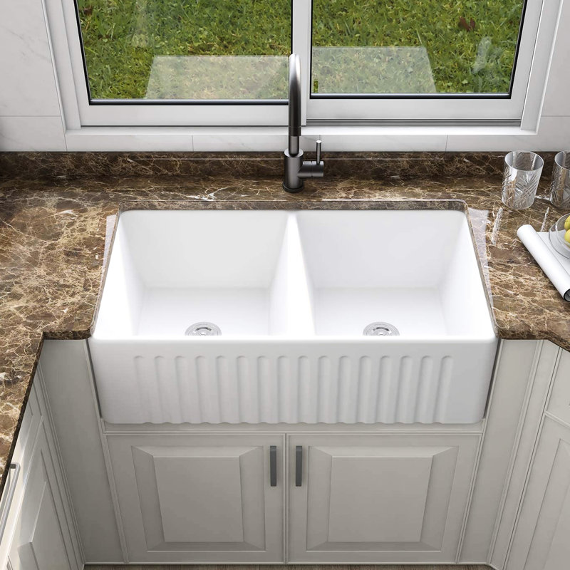 Évier en céramique blanc à tablier frontal, double cuve encastrée, grand teint, 33 po x 18 po x 10 po, 93 lb, fond délavé, 18 po x 10 po x 33 po
