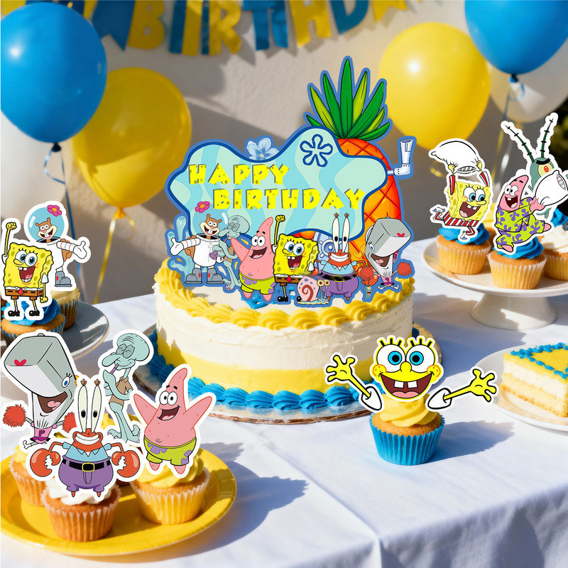 SpongeBob, 14 pièces de décorations de petits gâteaux de fête d'anniversaire SpongeBob pour enfants