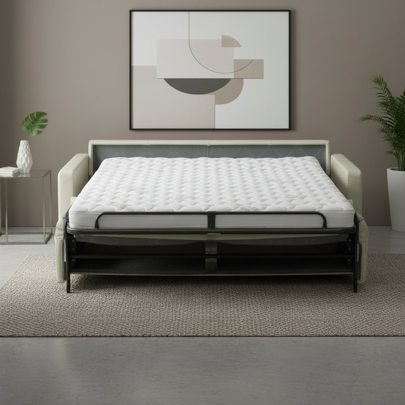 Canapé-lit à accoudoirs carrés en cuir véritable à grain carré de 77 po avec matelas en mousse à mémoire de forme Adalise Italian