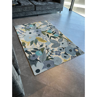 Blue-Themed Multi-Colored Floral Rose Patterned Modern Decorative Rug