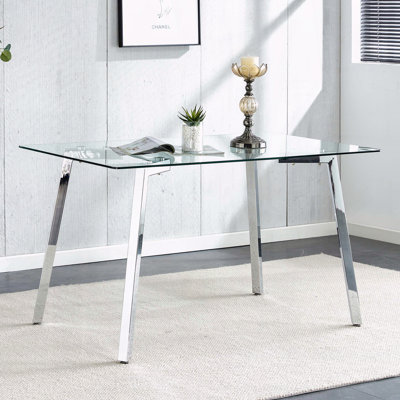 51" Rectangular Glass Dining Table – Tempered Glass with Plated Metal Legs, Seats 4-6