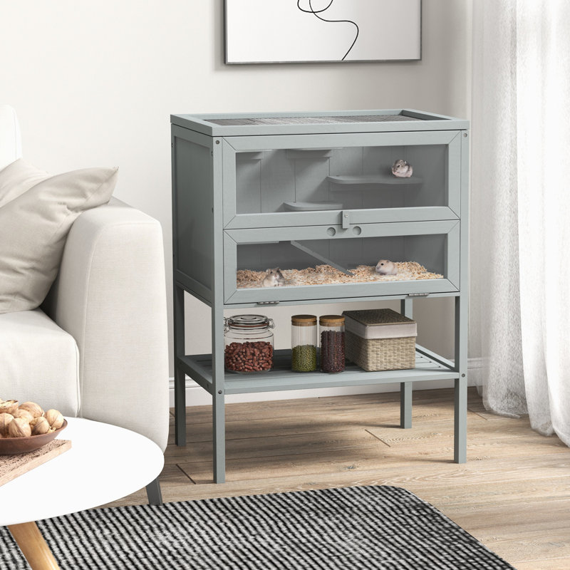 Hamster en bois - gris, avec tablette de rangement et ventilation pour un abri pour animaux 3 cages