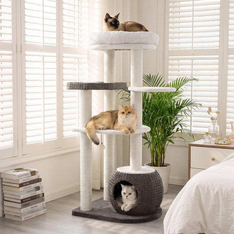 Arbre à chat à niveaux multiples 53 po - Tour pour chat en rotin tissé à la main avec condo, perchoirs et poteaux à griffer en sisal