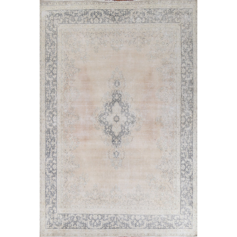 Tapis beige en laine noué à la main de conception unique 1950S 8 pi 9 po x 11 pi 6 po Hulya