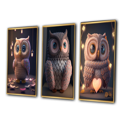 "Mignon petit cœur rose tricoté Hibou II" - 3 pièces sur toile