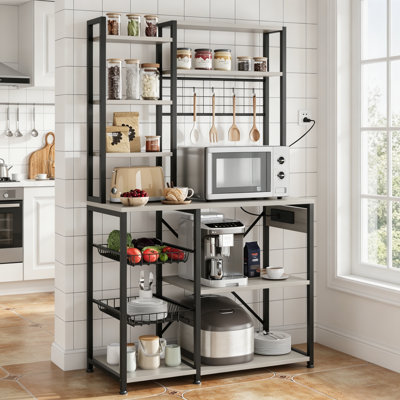 Étagère de boulanger, support à micro-ondes à 7 niveaux avec 2 tiroirs, station de bar industriel avec prise de courant, étagère de boulanger de cuisine avec grand rangement pour casseroles, organisateur de vaisselle, gris rétro