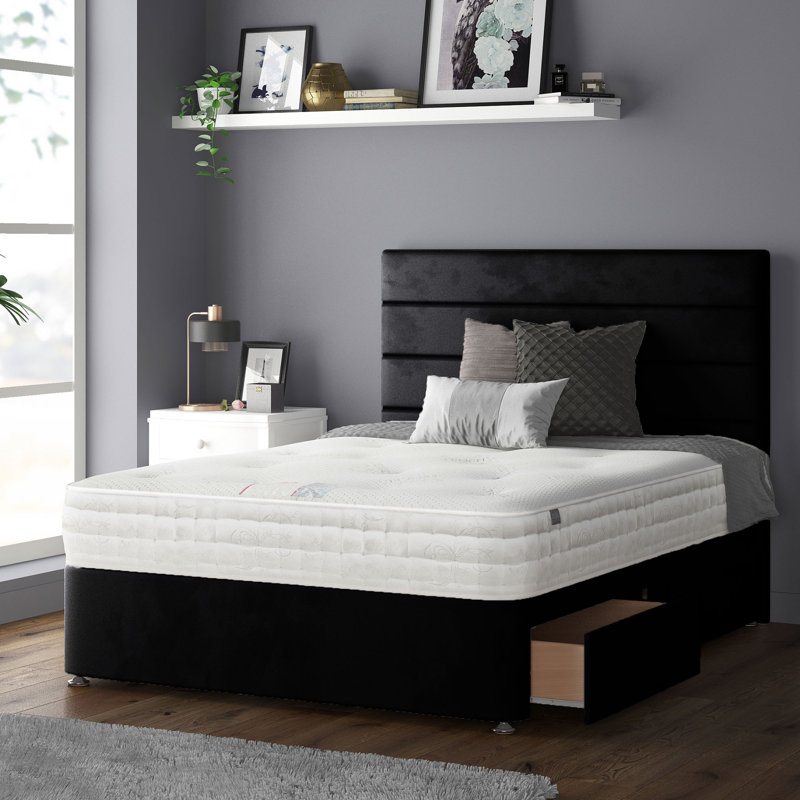 Kiara Stripped Floor Standing Headboard with Divan Base Plush Velvet and Metal Feet, Kingsize (5'), Black, 2 Foot-end Drawers