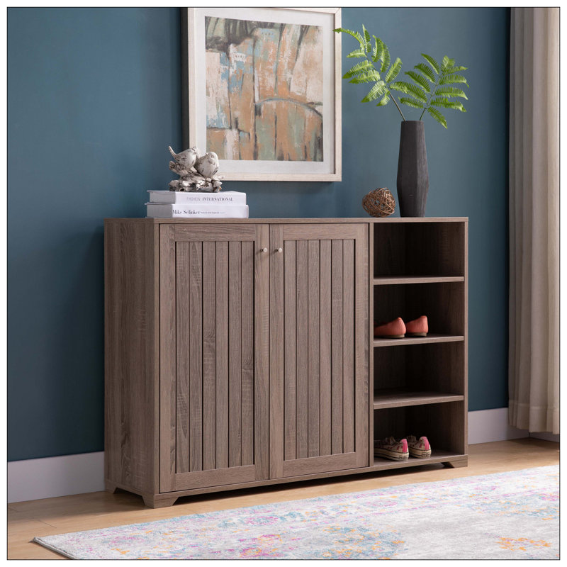 Armoire de rangement à 4 niveaux pour porte d'entrée, armoire à chaussures en bois à double porte, taupe foncé