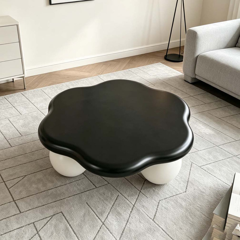 Table basse 35 "en forme de nuage, table basse minimaliste moderne en forme de pétale avec pieds sphériques, Black TOP White