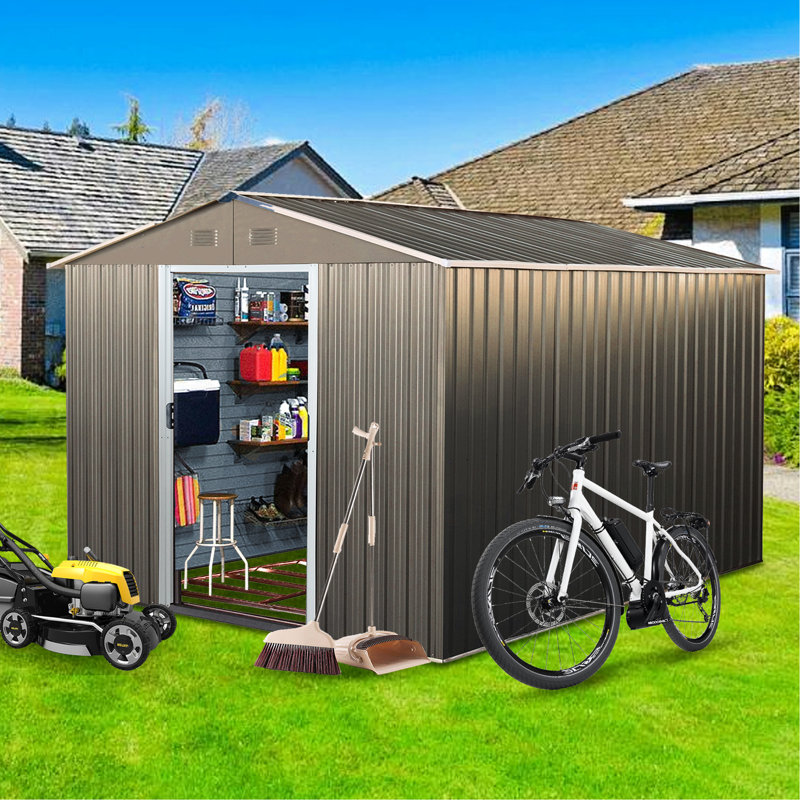 Outdoor Metal Storage Shed 8X10ft Gray - Galvanized Steel Build, , With Padlock And Anchor Hook Shelf Lock Gloves Sliding Door 8X10ft, Panels, To Harsh Weather, Easy Install
