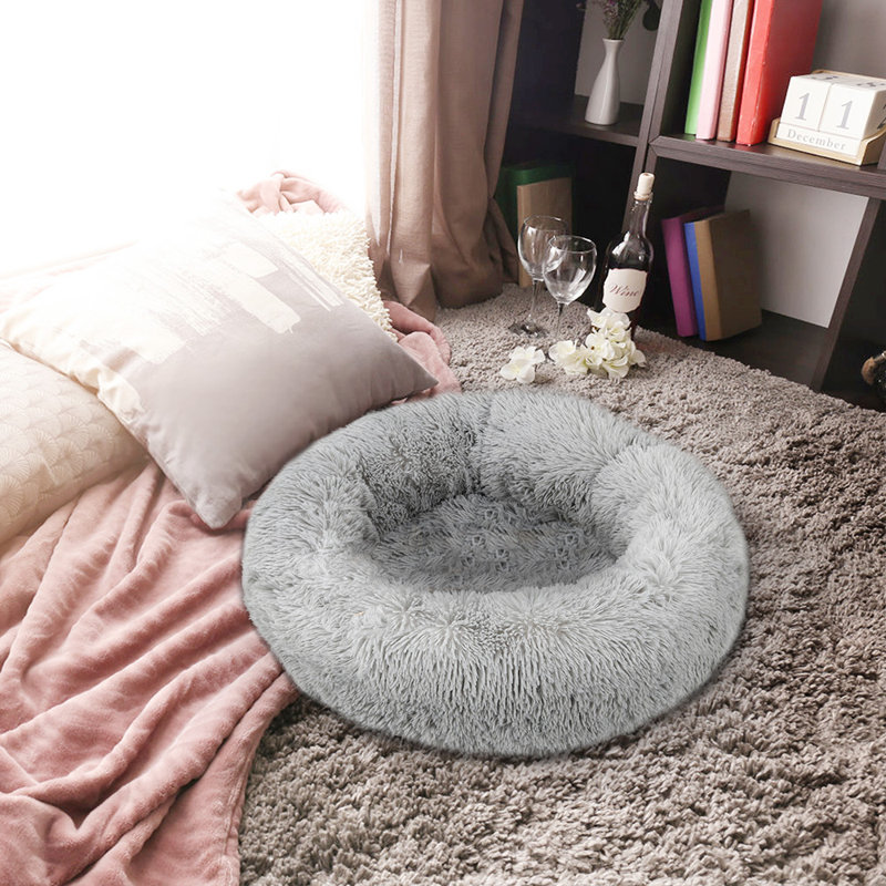 Lit pour animal de compagnie rond en forme de beignet Fluffy Pet Bed, Gris