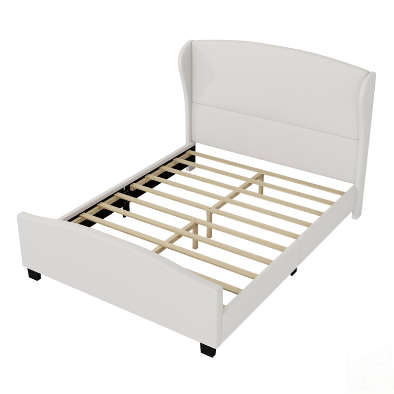 Lit tapissier en lin à tête haute avec structure robuste et sans sommier tapissier, Beige, Grand lit