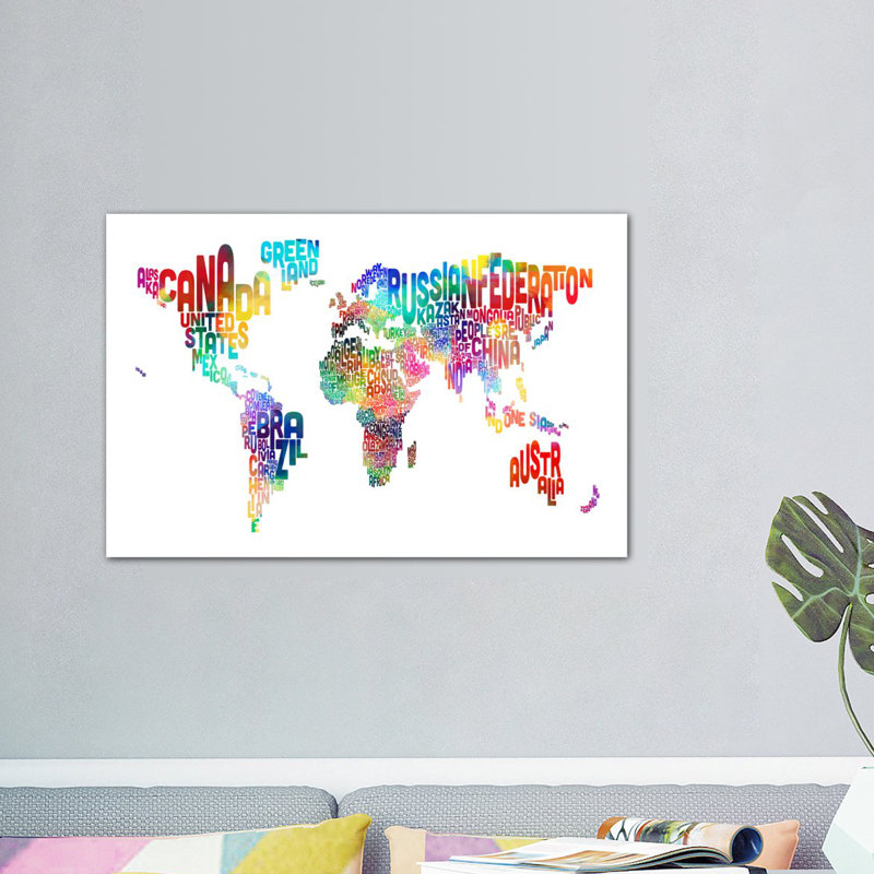 Carte typographique du monde par Michael Tompsett - Impression sur toile tendue sur châssis, H 8 po x l 12 po x P 0,75 po