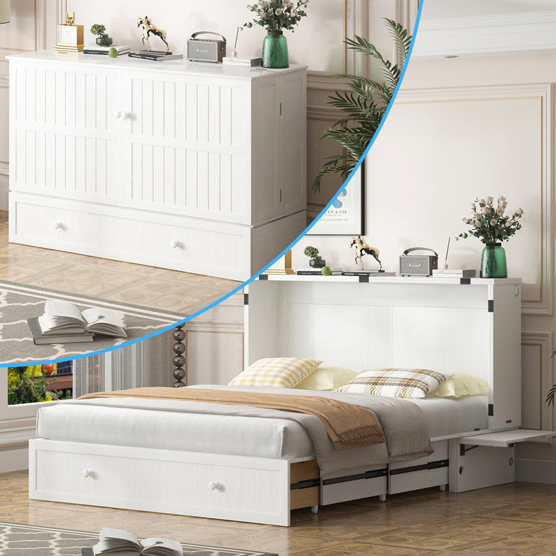  Murphy Bed Queen with Charging Station & Storage Drawers, White, White