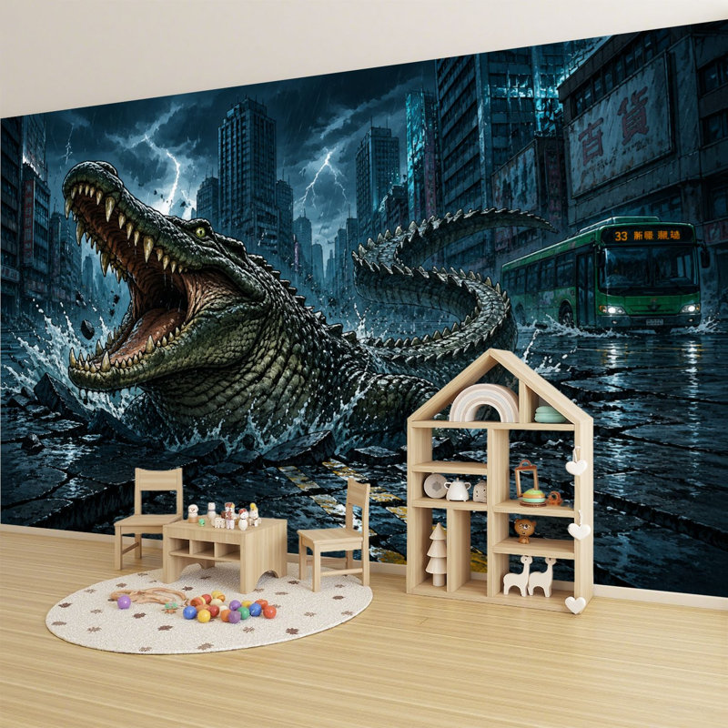 Peler et coller le papier peint Alligator géant qui sort de la ville craquelée, art mural orage, auto-adhésif et amovible