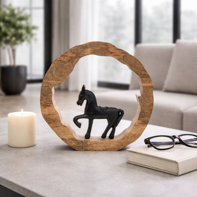 Amanie Decorative Figurine On Round Wooden Sculpture For Home Decor - Statue For Bedroom Styling, Shelf Accent, Or Living Room Decoration - Brown & Silver