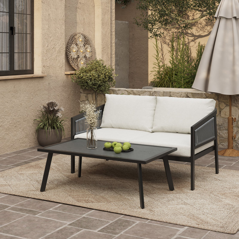 2-Piece Steel PE Rope Outdoor Patio Loveseat and Coffee Table Set, Modern Rope Conversation Set