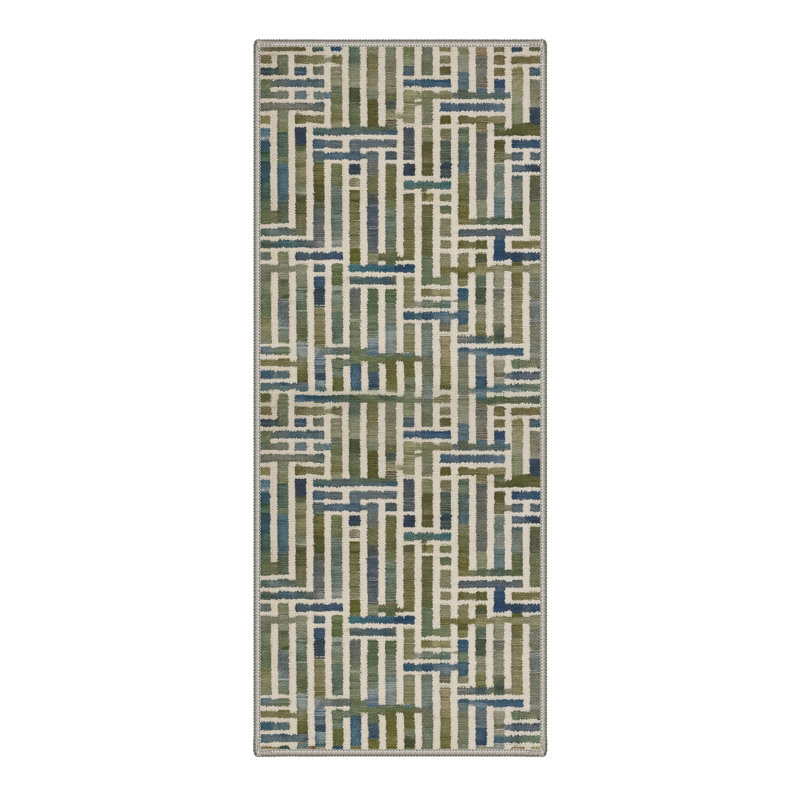 Tapis de couloir antidérapant moderne à motif géométrique linéaire bleu vert beige, Tapis de couloir 2 pi 5 po x 8 pi