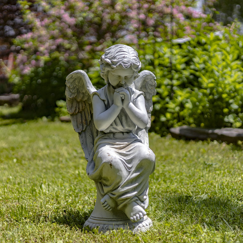 Darise Sitting and Praying Child Angel Magnesium Garden Statue, Antique White