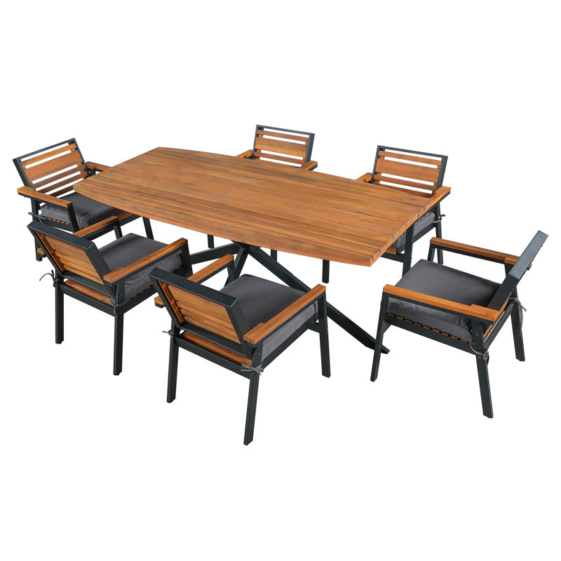 Wood 6 - Person Dining Set With Removable Cushions, Gray