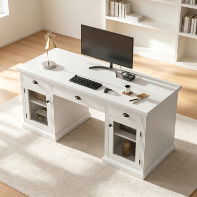 67" Modern Executive Desk,Computer Desk with 2 Glass Doors Storage Cabinet and 3 Drawers, Rectangle Home Office Desk ,Reading Desk,Writing Table,Works
